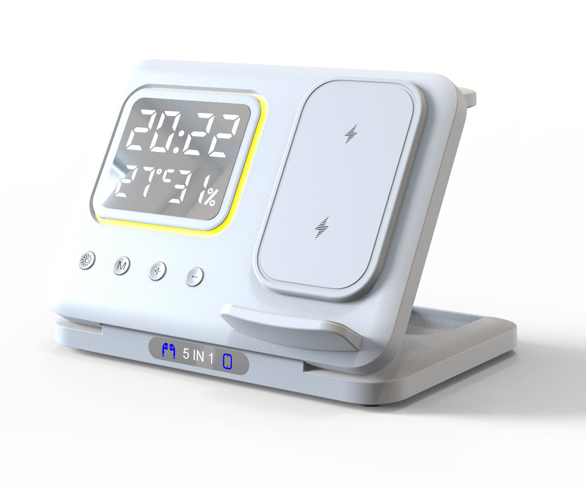 15W 5-in-1 Wireless Charging Station with LED Alarm Clock
