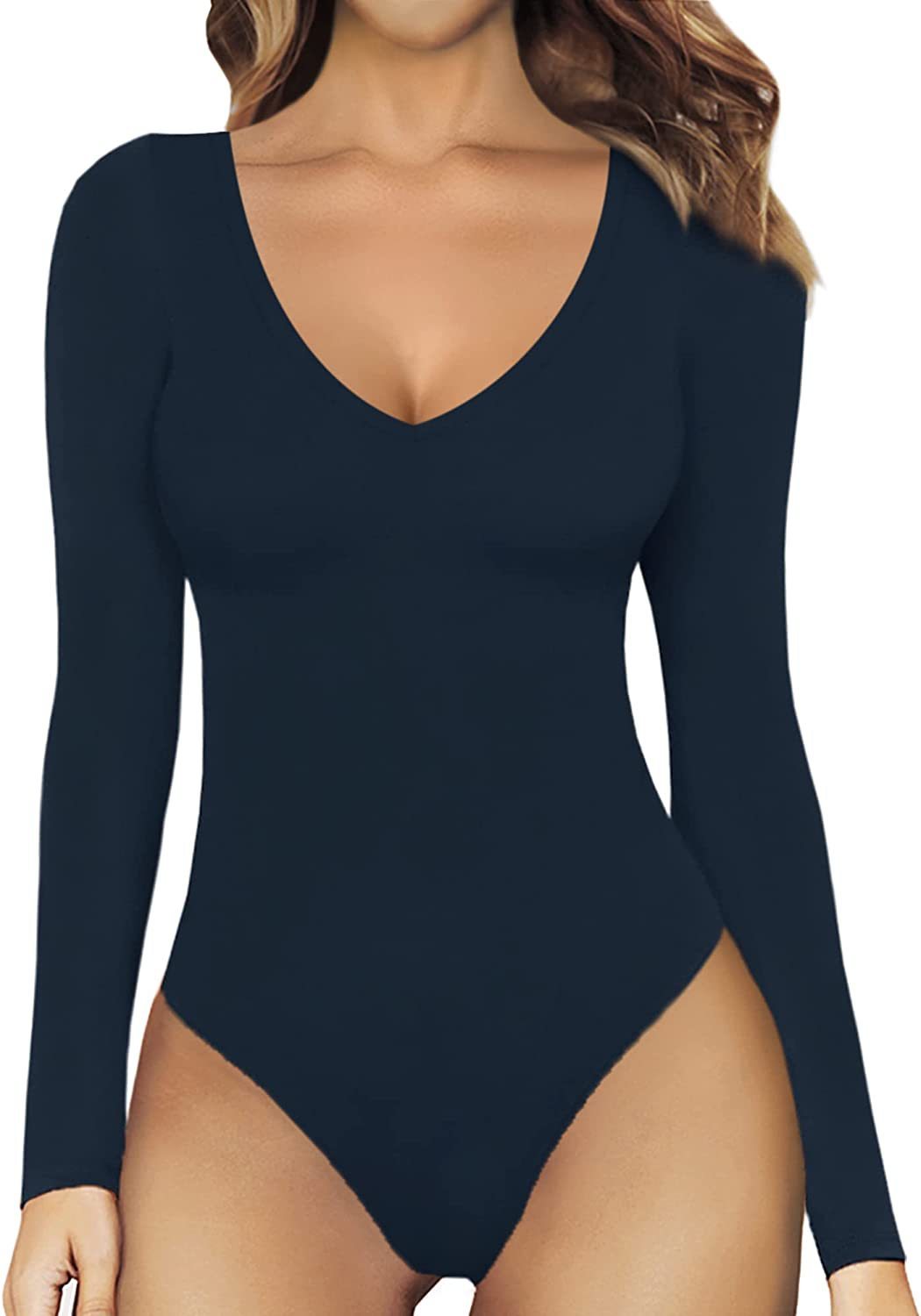 Women's Fashion Long Sleeve Low Collar Solid Color One-piece Corset