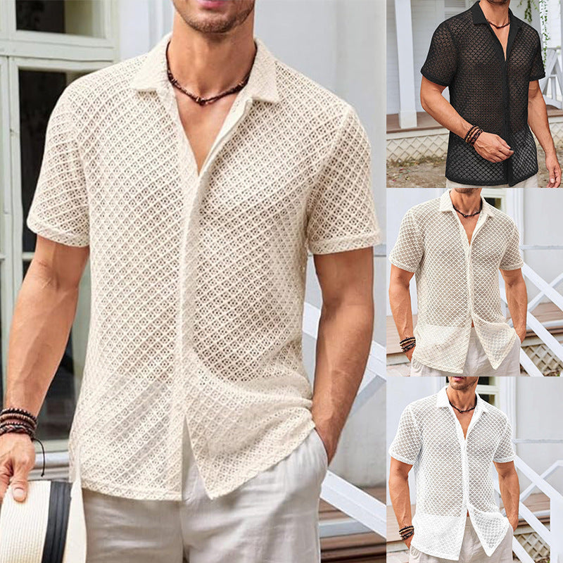 Men's Summer Mesh Shirt – Short Sleeve Solid Lapel Beach Top