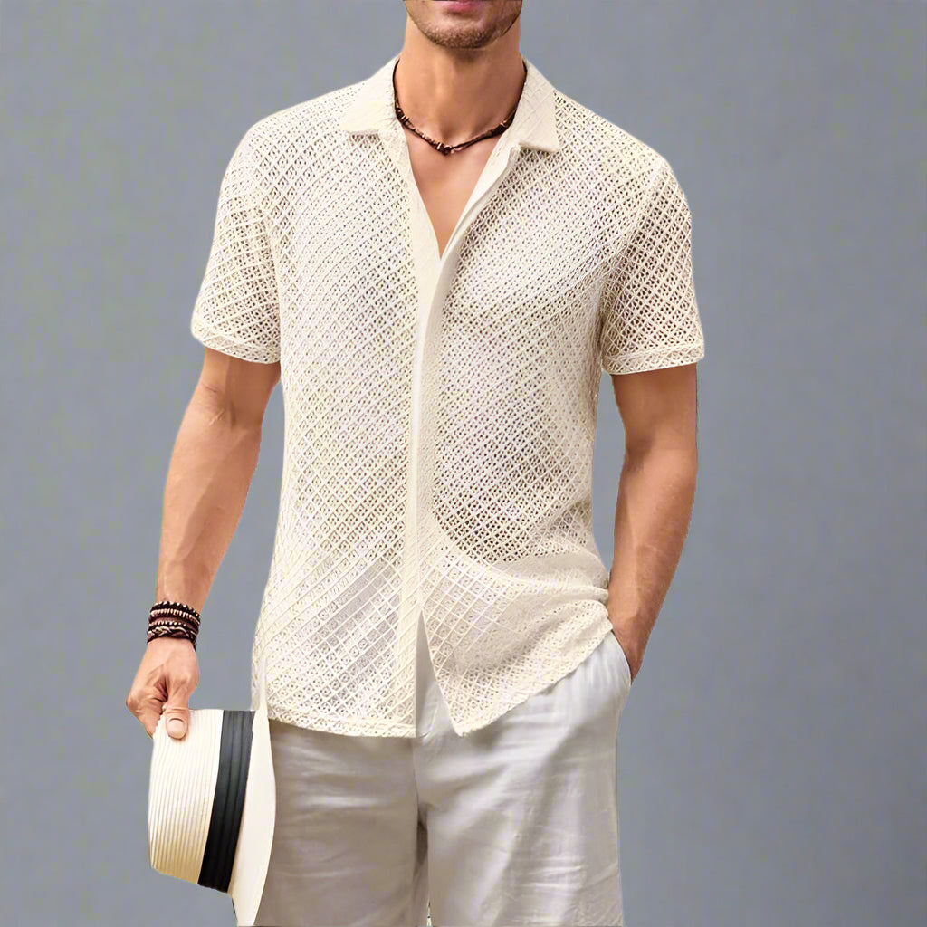 Men's Summer Mesh Shirt – Short Sleeve Solid Lapel Beach Top