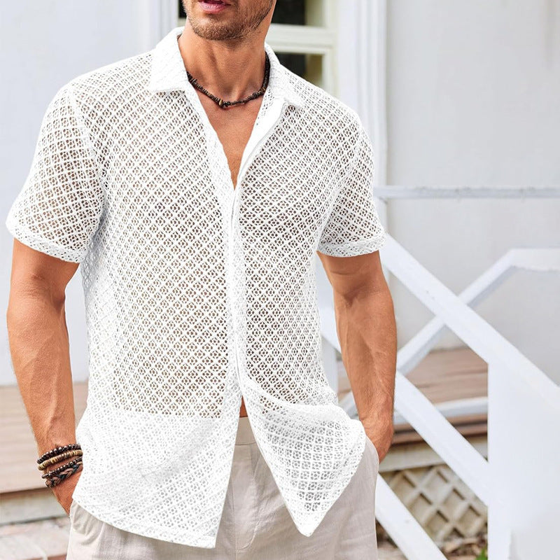 Men's Summer Mesh Shirt – Short Sleeve Solid Lapel Beach Top