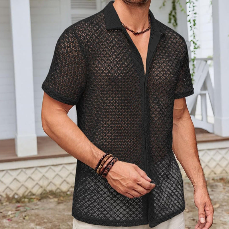 Men's Summer Mesh Shirt – Short Sleeve Solid Lapel Beach Top
