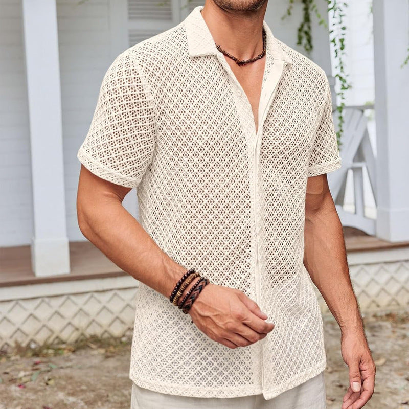 Men's Summer Mesh Shirt – Short Sleeve Solid Lapel Beach Top